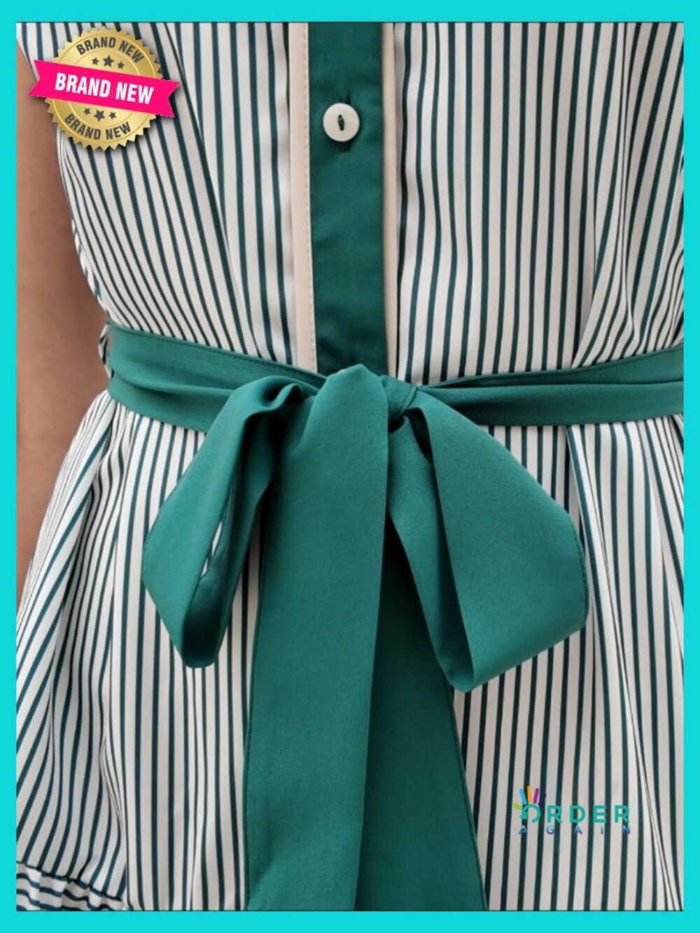 Striped Button Down Shirt Dress Sleeveless Tie Waist Mini with Pockets - Picture 6 of 6